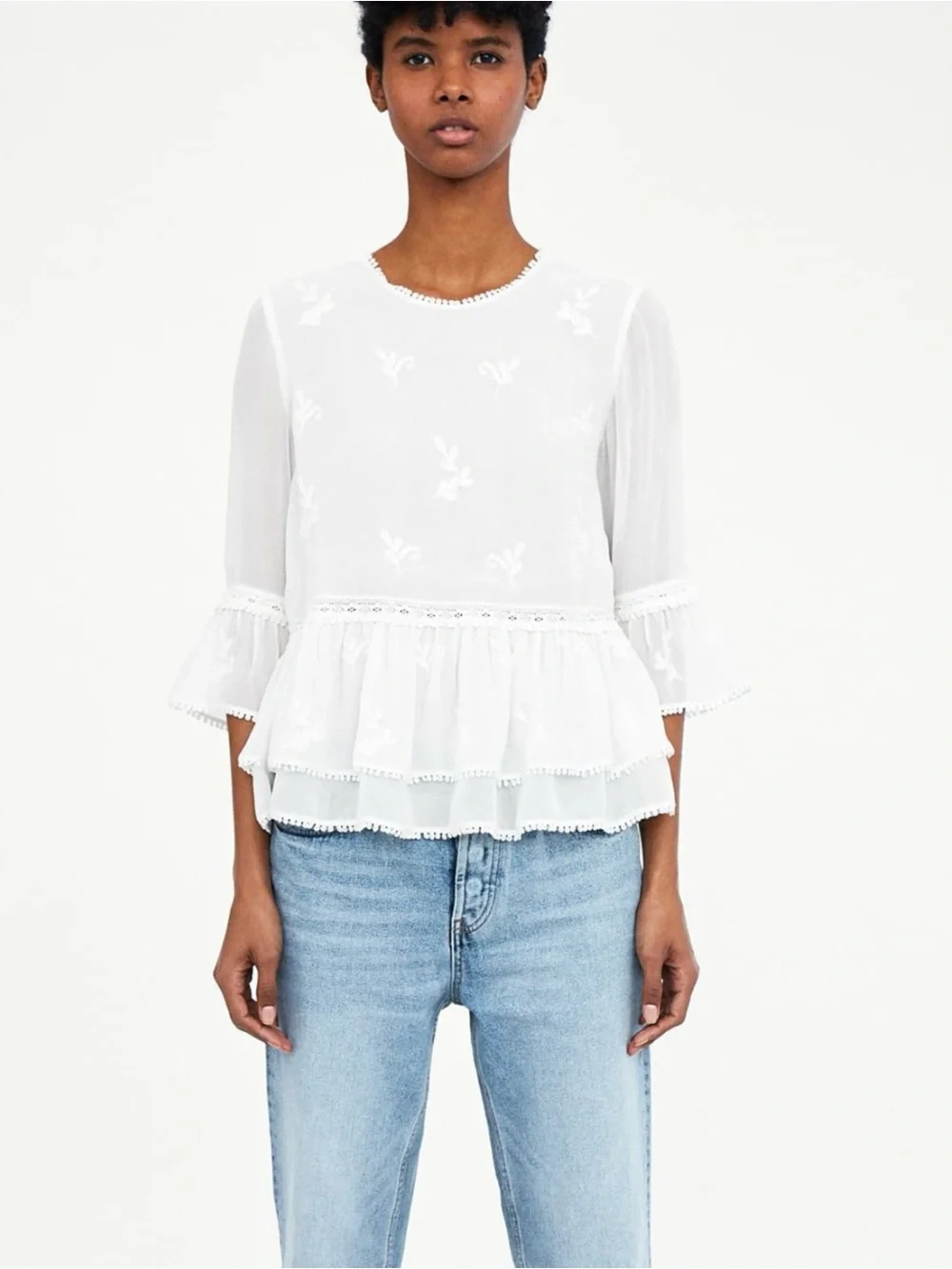Zara White Ruffled Embroidered Peplum Top - Women S